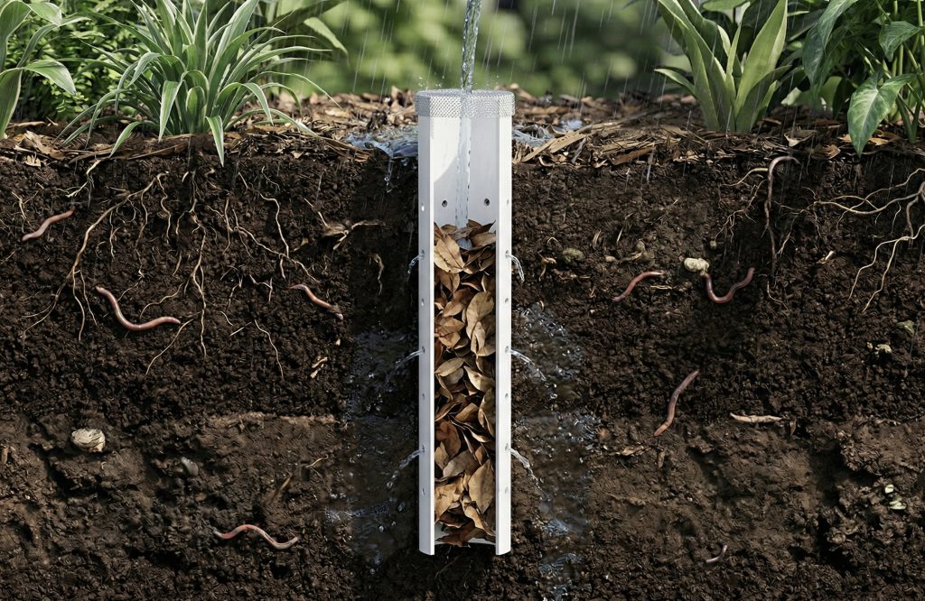 Irisan Tanah Cross-section Menunjukkan Cara Kerja Lubang Resapan Biopori Pipa uPVC yang Terisi Daun Kering Menabung Air ke Dalam Tanah untuk Atasi Genangan